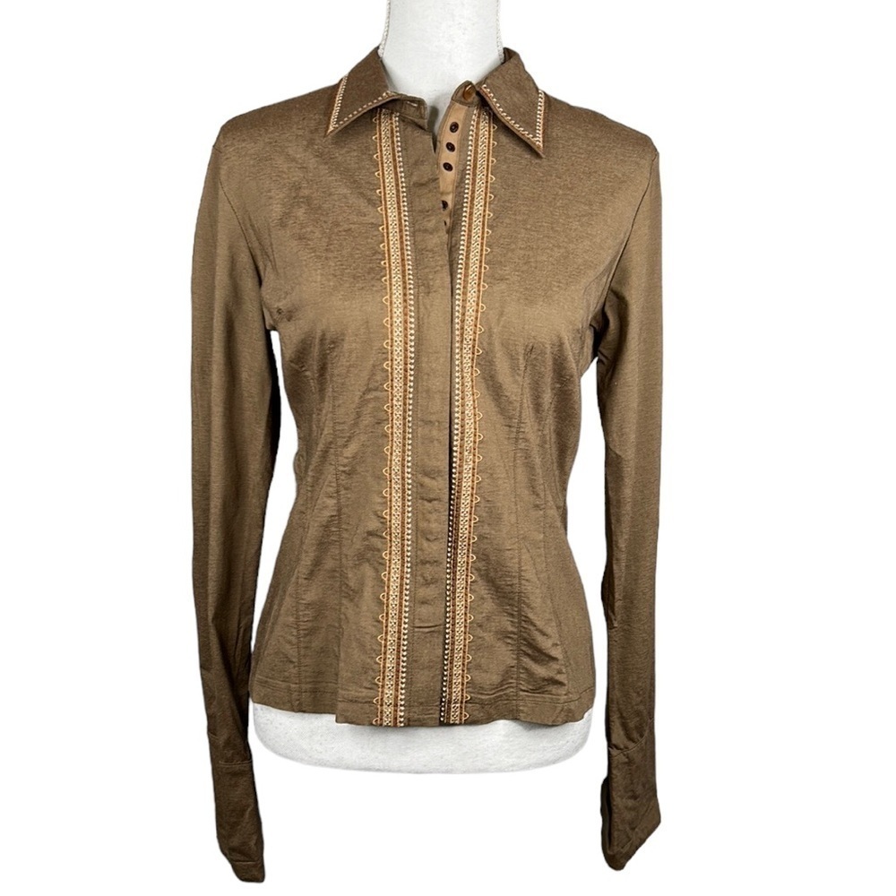 Teresita La Fashion Boho Brown Embroidered Long Sleeve Snap Down Top Size Small